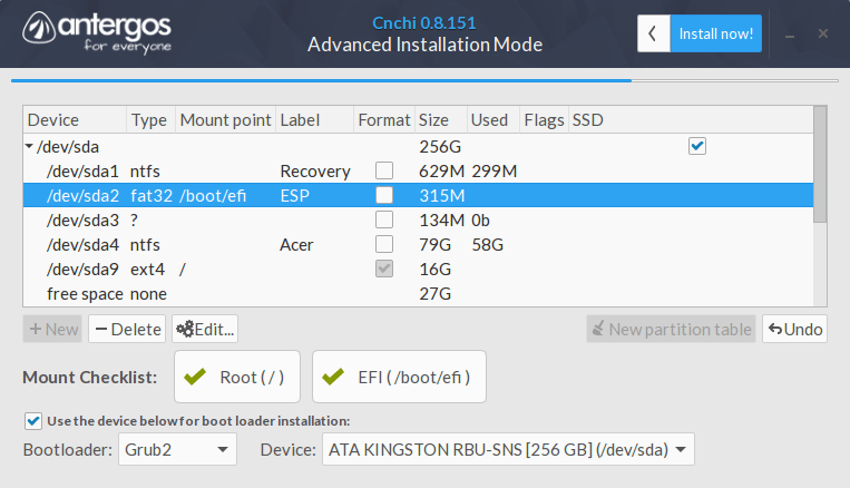 mount check list UEFI antergos installer