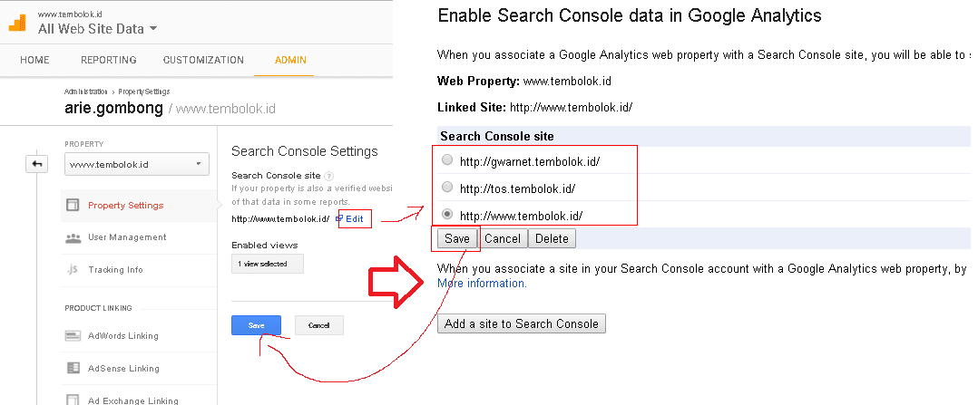 Cara Mendaftarkan Website ke Google Webmaster Tool Mengintegrasikan Google analytics dengan google webmaster tool , memilih website