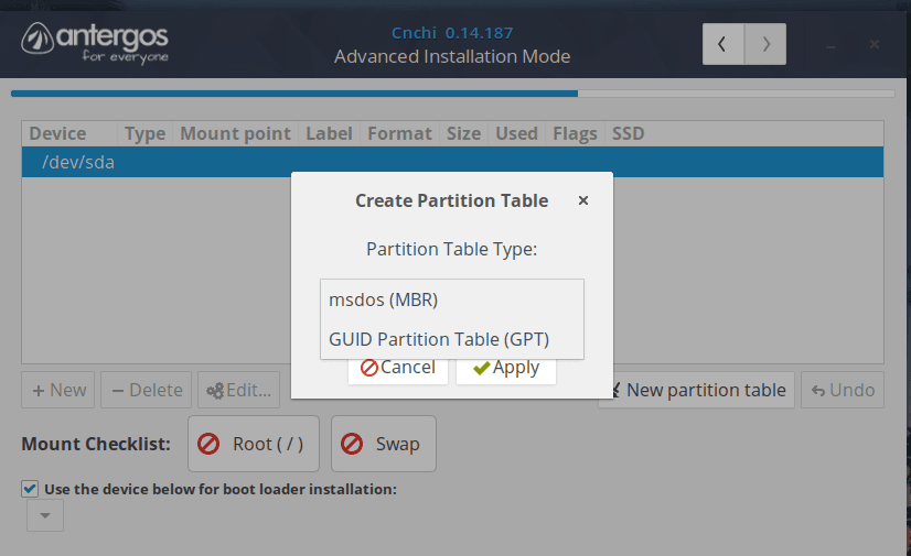 memilih partition table antergos installer