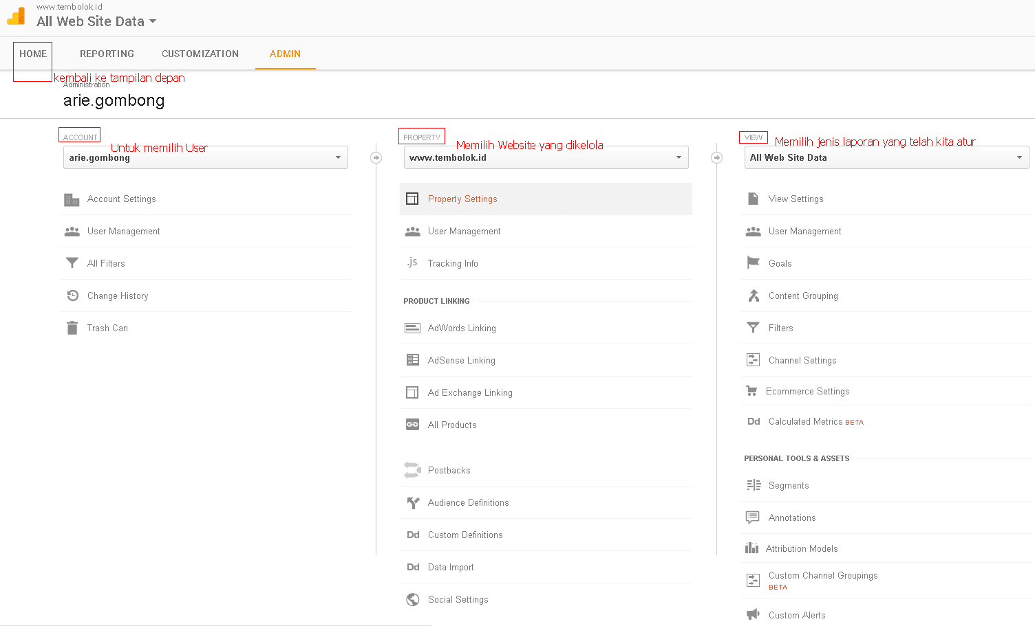 Cara Mendaftarkan Website ke Google Webmaster Tool tampilan menu admin google analytics
