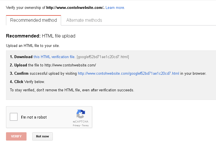 Cara Mendaftarkan Website ke Google Webmaster Tool verifikasi kepemilikan website yang akan dimanage menggunakan google webmaster tool