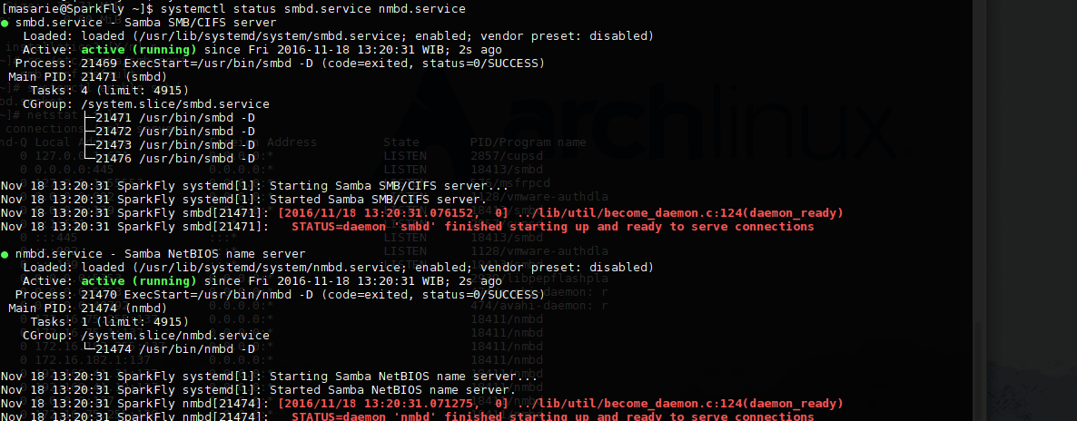 Cara Sharing File dan Printer di Arch linux dengan Samba melihat samba service status setelah dijalankan