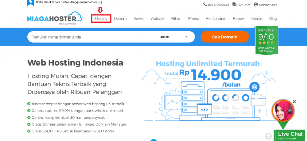 tampilan utama website niaga hoster