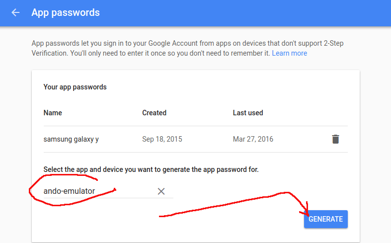 Google app passwords.