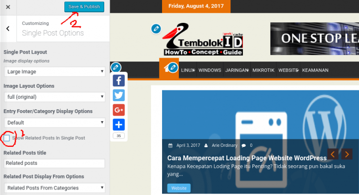 Cara Mendisable dan Install Plugin Related post pada Wordpress mengugnakan menu theme untuk mendisable default related post pada wordpress