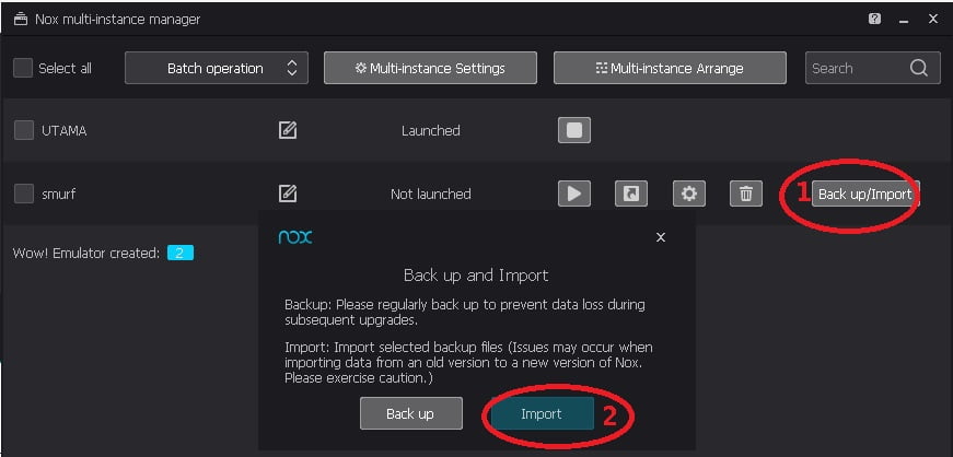 cara import hasil backup di NOX