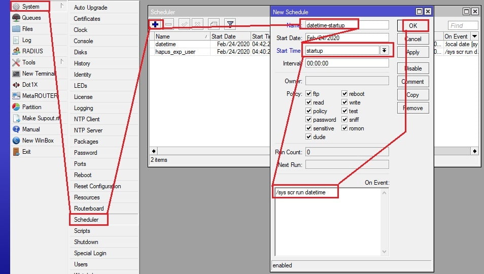 Cara Setting Hotspot Mikrotik Dari Awal Sampai Akhir scheduler datetime startup mikrotik