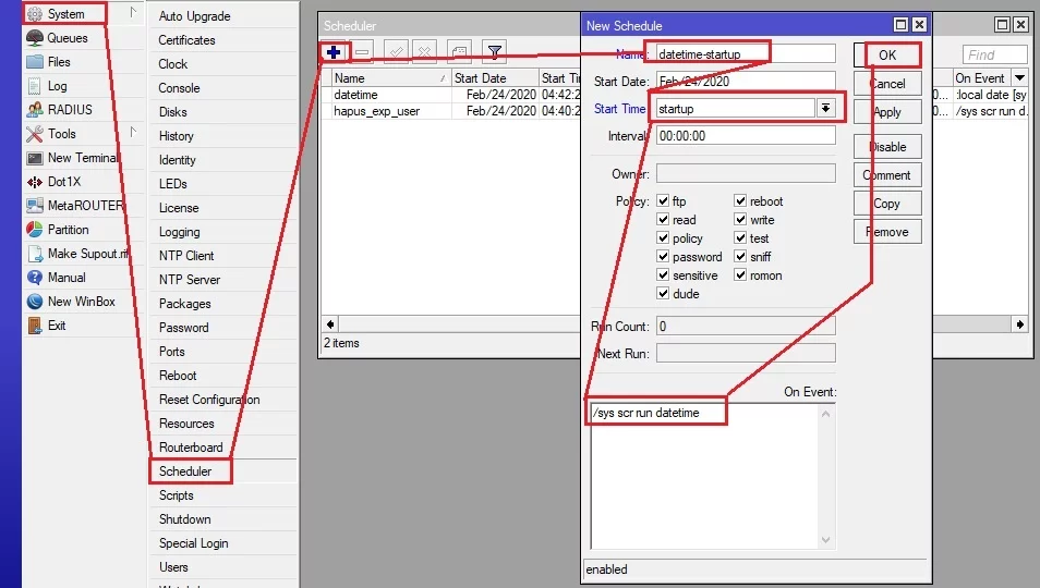 scheduler datetime startup mikrotik