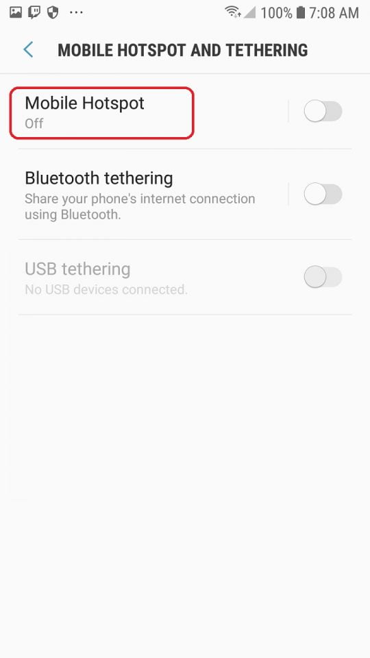 menu mobile hotspot and tethering android