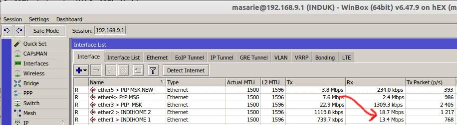 contoh hasil load balance mikrotik 2 ISP beda bandwidth