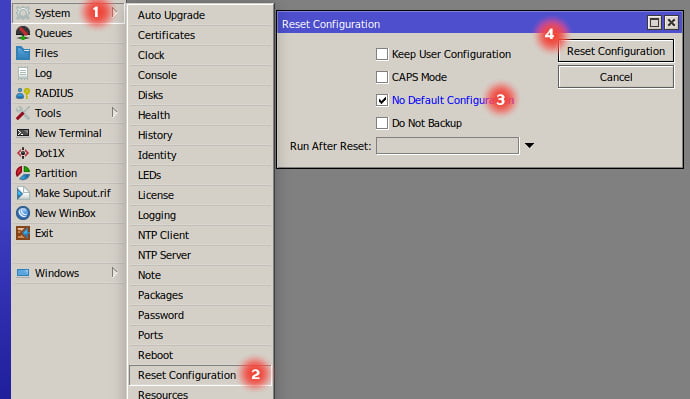 Cara Memindahkan Konfigurasi Mikrotik Sejenis & Beda cara reset mikrotik menggunakan winbox